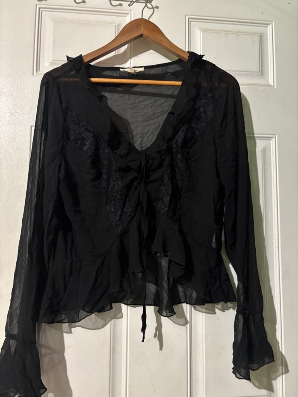 Black Sheer Ruffle Tie-Front Blouse